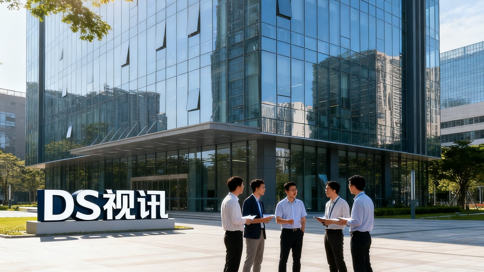 DS视讯深圳总部大厦外景，现代化玻璃幕墙建筑前立有公司标识，楼前广场上研发团队成员正在交流讨论，阳光透过树叶洒落在地面