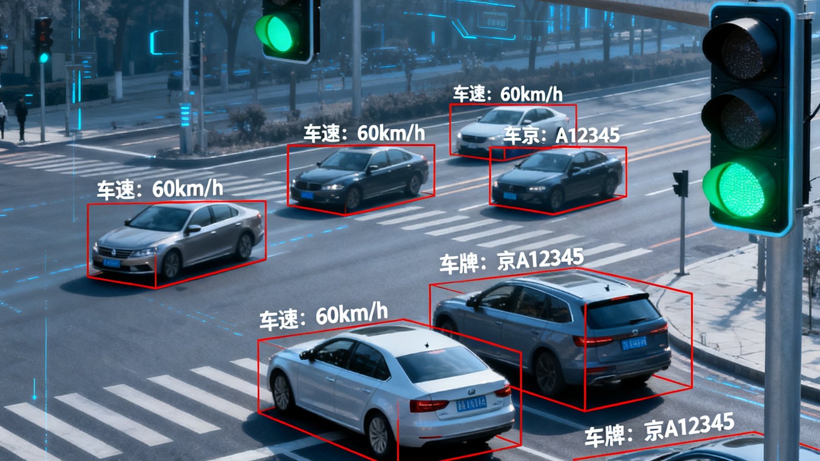 DS视讯智能交通感知系统在城市主干道的实际运行画面，画面中多辆车辆被AI框选并标注车速与车牌信息，路口信号灯与摄像头协同工作