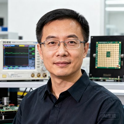 DS视讯创始人兼CEO陈明远博士的正面半身照，戴着眼镜，身着深色衬衫，背景为实验室芯片测试台，他身后是示波器和芯片晶圆