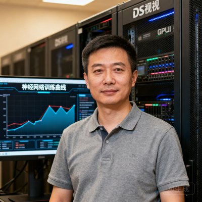 DS视讯联合创始人兼CTO刘志强工程师的正面半身照，短发干练，身着灰色POLO衫，背景为AI算法训练中心的GPU服务器机柜，屏幕上显示着神经网络训练曲线