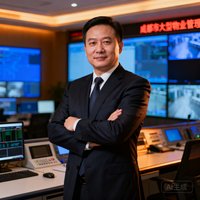 成都某大型物业管理公司王总经理的正面半身照，身着职业西装，背景为现代化物业监控中心，她双手交叉姿态自信从容